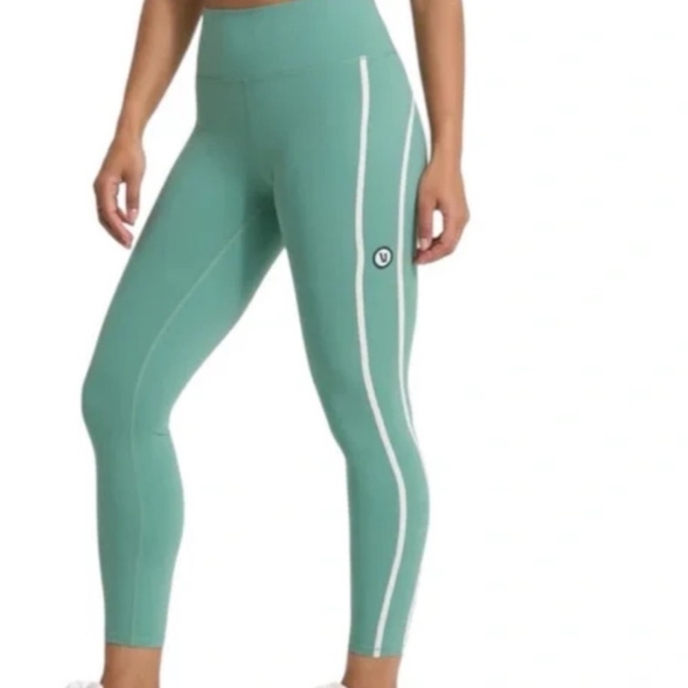Vuori High-Rise Sage Green Leggings with White Side Stripe